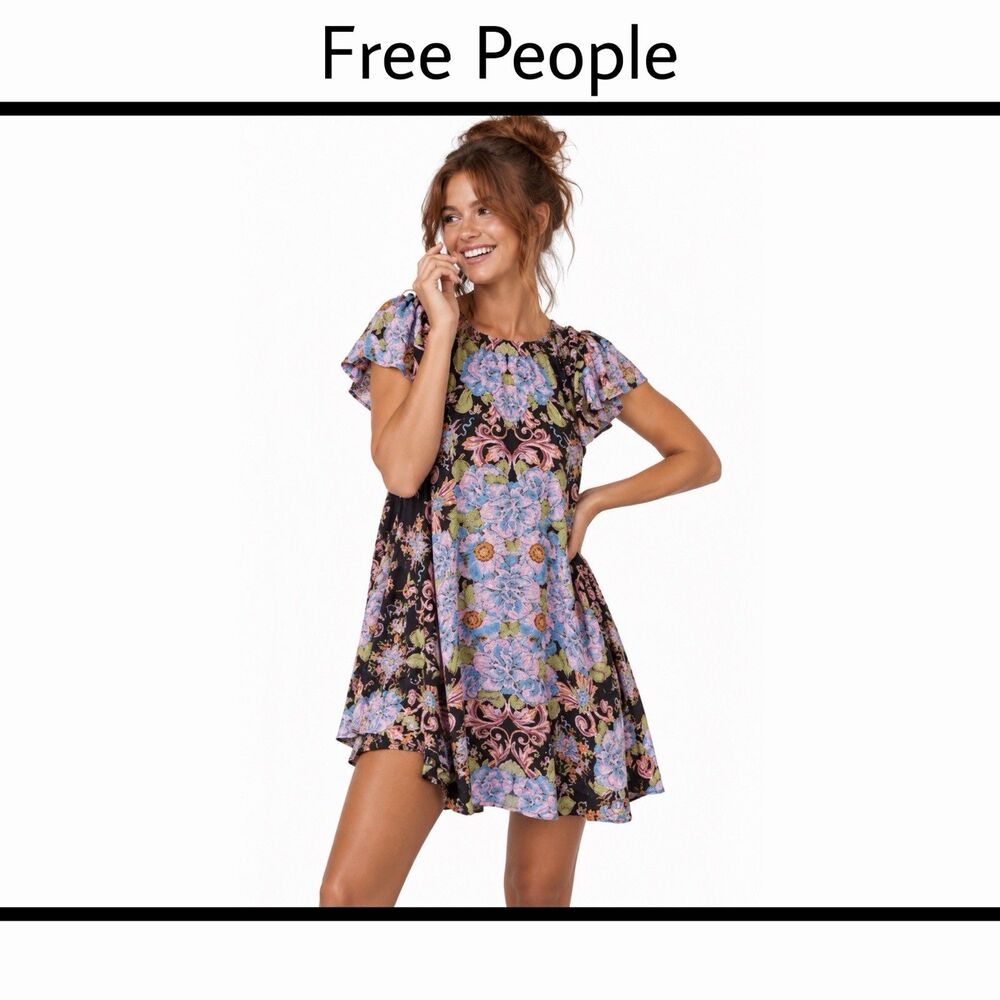 Free People Yara Mini Floral Print Ruffle Dress Purple Oversize Small